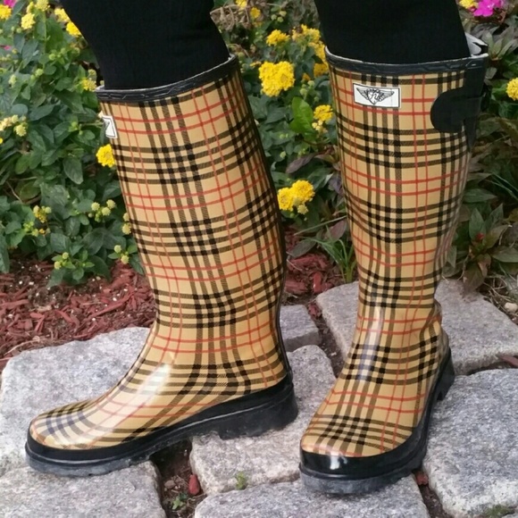 Women Rain Boots, Tall Rubber Rainboots, #1417, Checkered Plaid - Picture 1 of 2